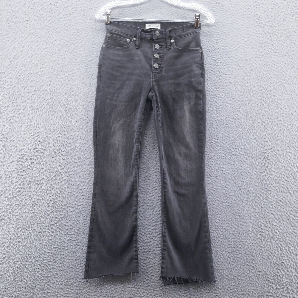 Madewell Womens Cali Demi Boot Jeans 24 Black‎ Crop Button Fly Raw Hem Mid Rise
